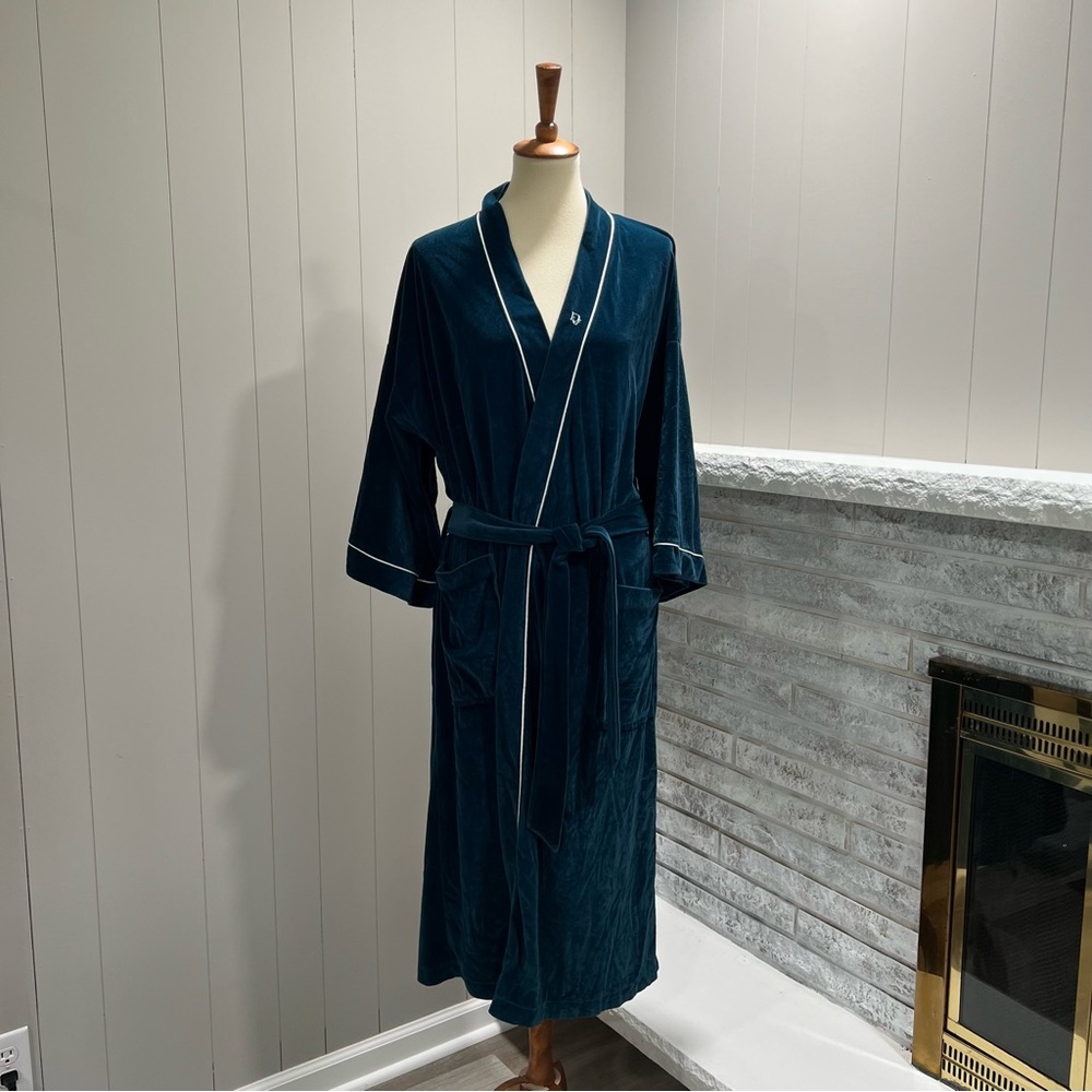 VTG Christian Dior Monsieur Velour Teal Robe White Trim Lounging Bathrobe OS
